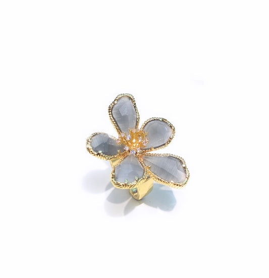 Anello fiore occhio gatto grigio bronzo placcato oro giallo