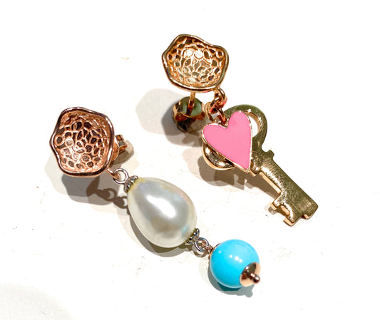 Orecchini pendenti argento sterling rosé cuore fucsia chiave pasta turchese perla goccia