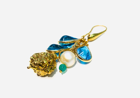 Mono orecchino gocce cristallo azzurro perla fresh water argento sterling placcato oro giallo