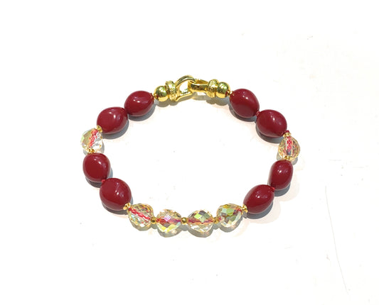 Bracciale pasta corallo rosso cristalli gold placcato oro giallo