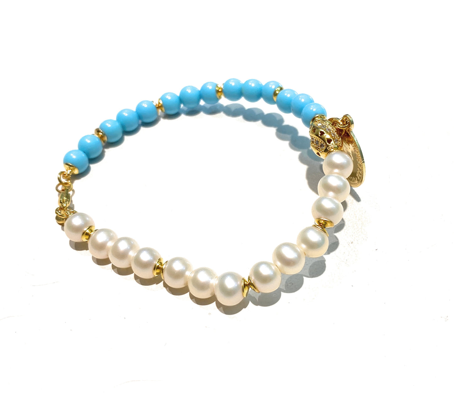 Bracciale Charms Moneta Pasta Turchese Perle Argento 925 Galvanica Gialla