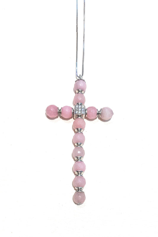 Collarino crocetta stilizzata pallini agata rosa sfaccettata argento sterling rodio