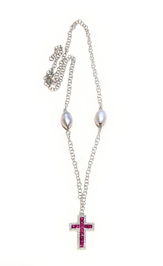 Collierino diWa Jewels Maglia Rolò con Perle Grigie e Argento Sterling con Ciondolo Crocetta tipo Rubini