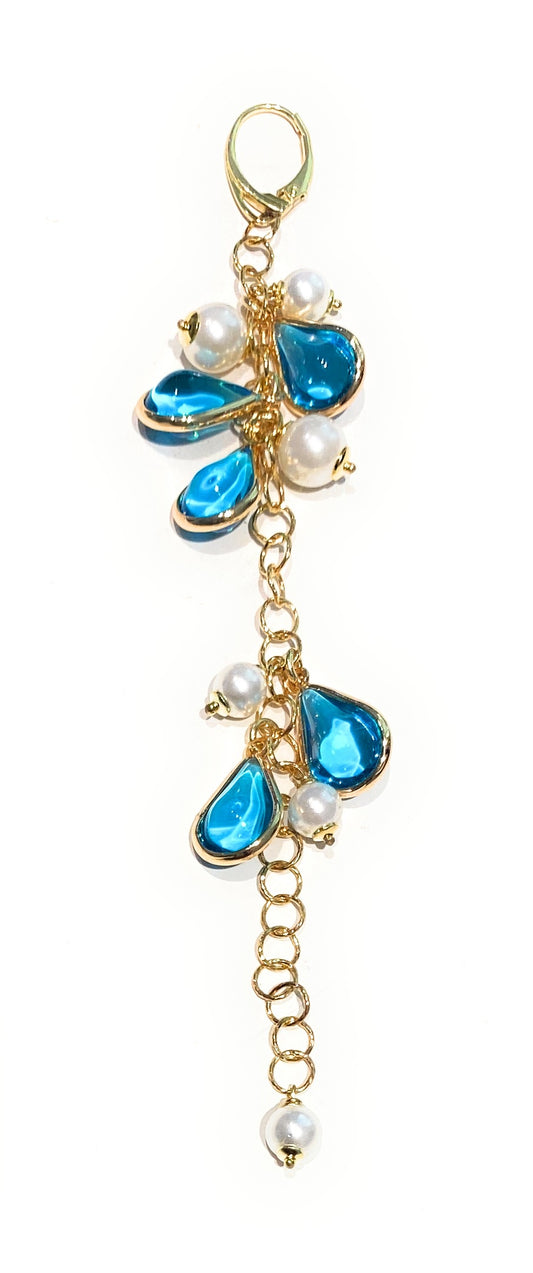 Mono orecchino pendente gocce cristalli azzurri perle argento sterling