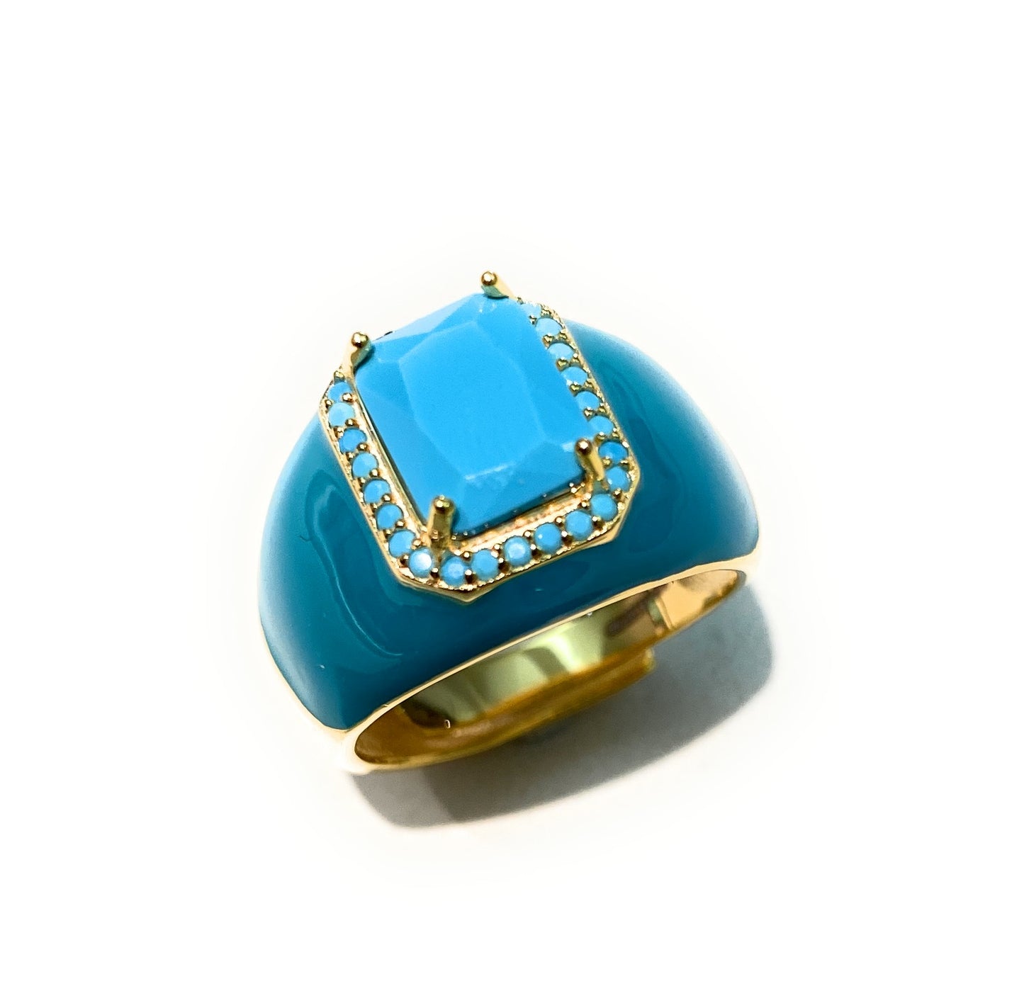 Anello Chevalier Smalto Turchese centrale Pasta Turchese Argento 925 Galvanica Gialla Regolabile