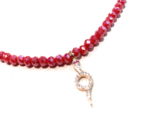 Collarino cristalli fucsia sfaccettati pendente serpentino argento sterling placcato oro