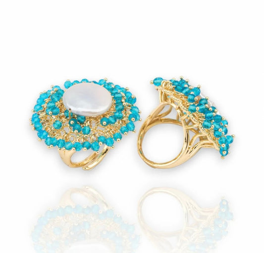Anello Regolabile con Perla Freshwater e Pietre Azzurre Galvanica Oro