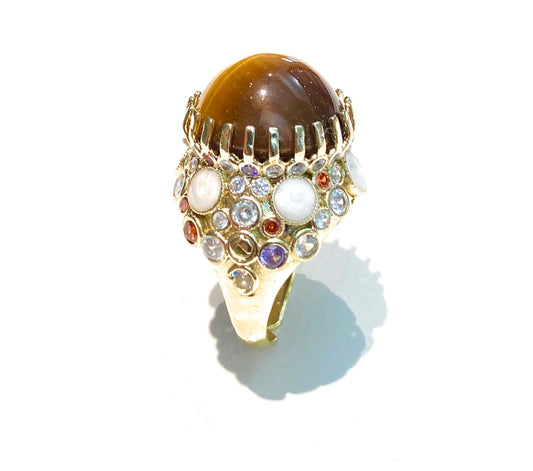 Anello Cocktail Cabochon Occhio di Tigre Galvanica Gialla e pietre dure Regolabile