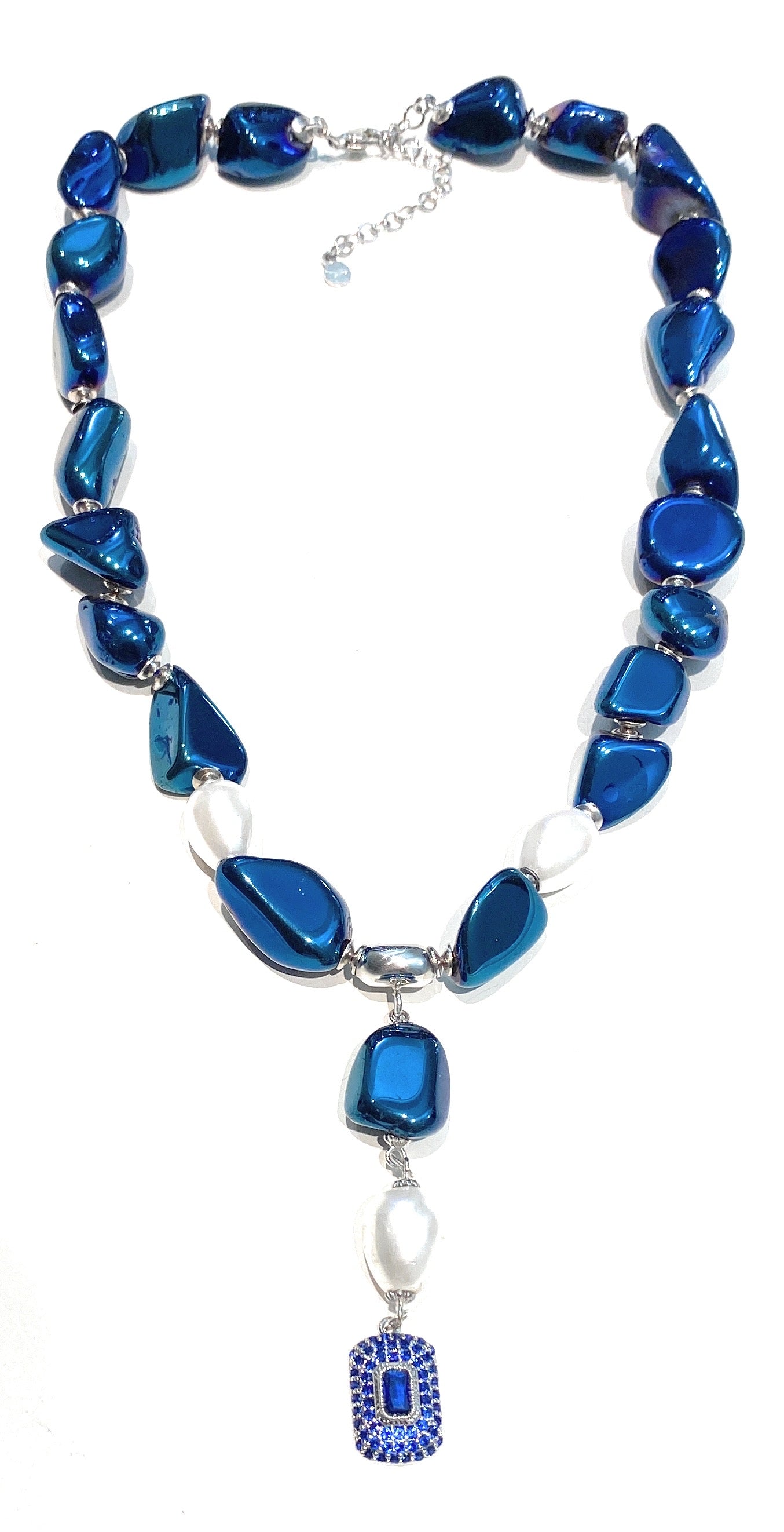 Collarino choker cristallo di rocca bluette perle Maiorca pendente classici zirconi blu argento sterling rodio bianco