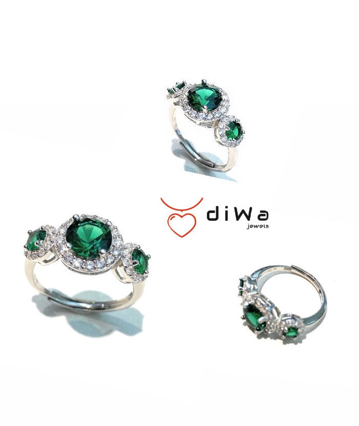 Anello Trilogy Zirconi tipo Smeraldo Argento 925 Rodio bianco regolabile