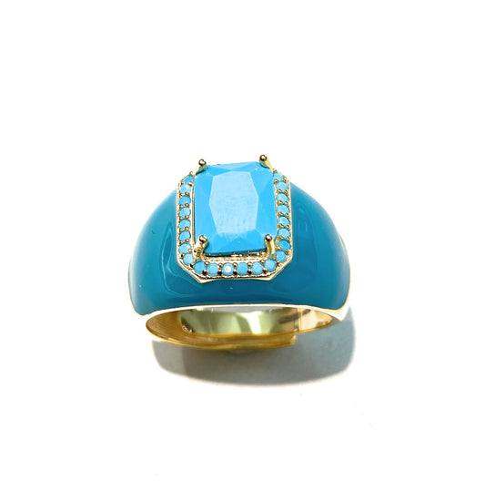 Anello Chevalier Smalto Turchese centrale Pasta Turchese Argento 925 Galvanica Gialla Regolabile