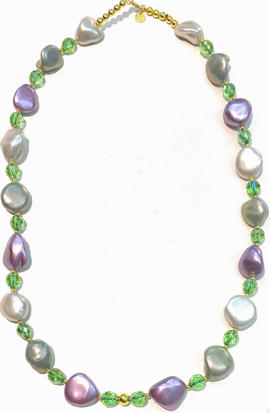 Collana diWa Jewels Perle Multicolore free form cristalli verdi sfaccettati Argento sterling placcato Oro giallo