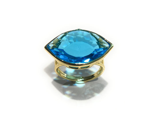 Anello fashion a goccia cristallo azzurro bronzo placcato oro giallo regolabile