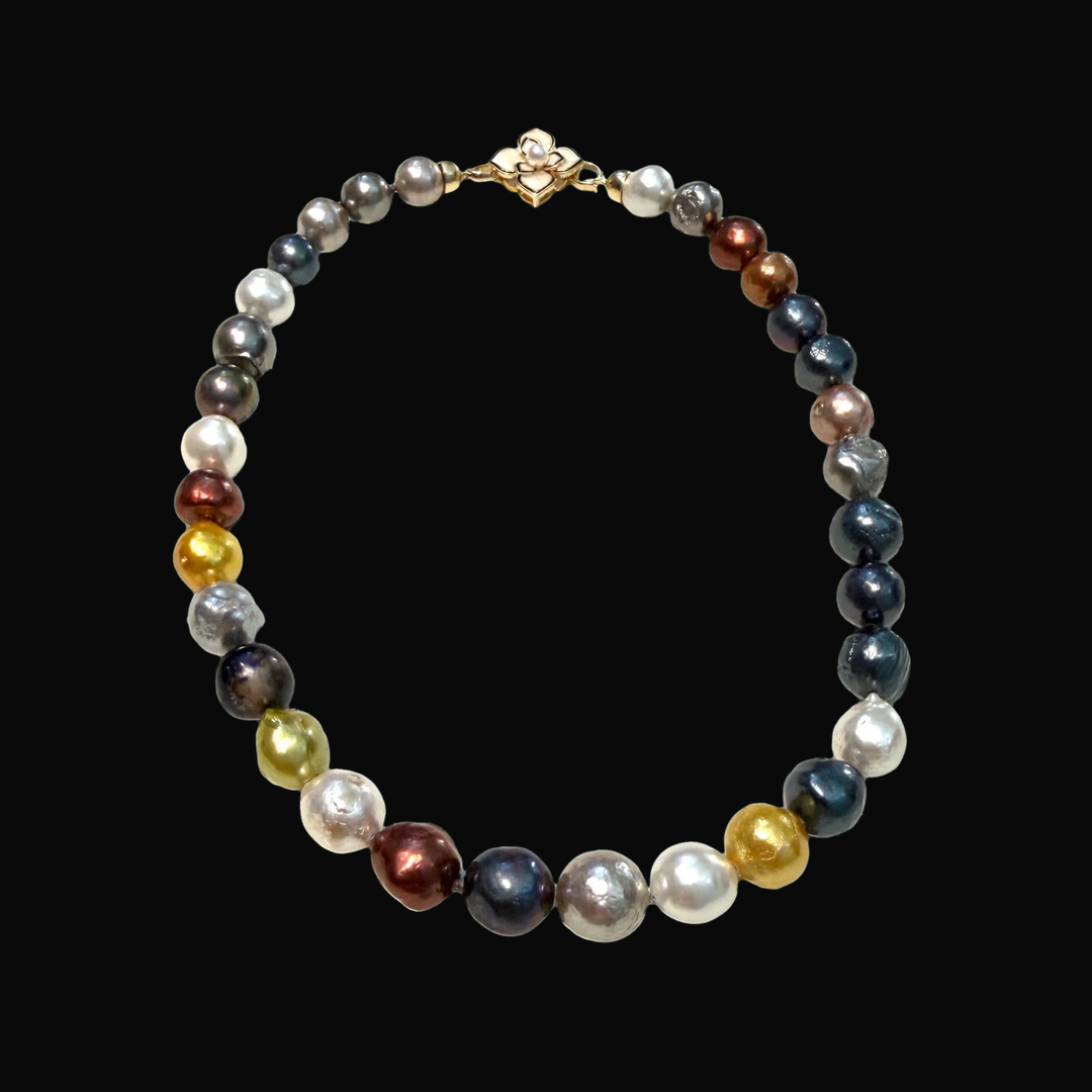 Collana choker perle fresh water multicolor chiusura fiore smalto e perlina
