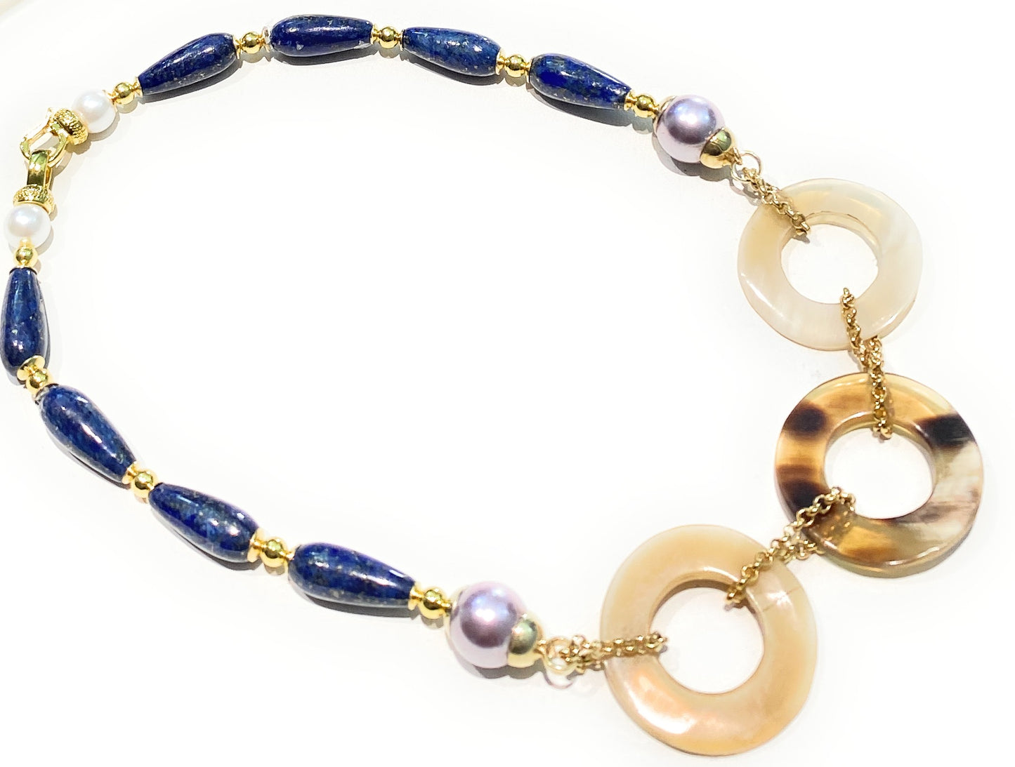 Collana Choker Gocce Lapislazzuli Cerchi in Corno Naturale Argento Sterling Perle Maiorca