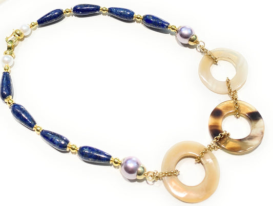 Collana Choker Gocce Lapislazzuli Cerchi in Corno Naturale Argento Sterling Perle Maiorca