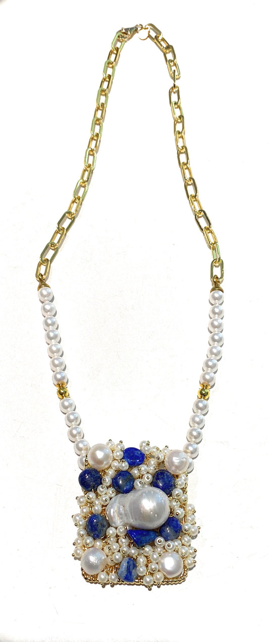 Collana perle e lapislazzuli con catena rettangolare