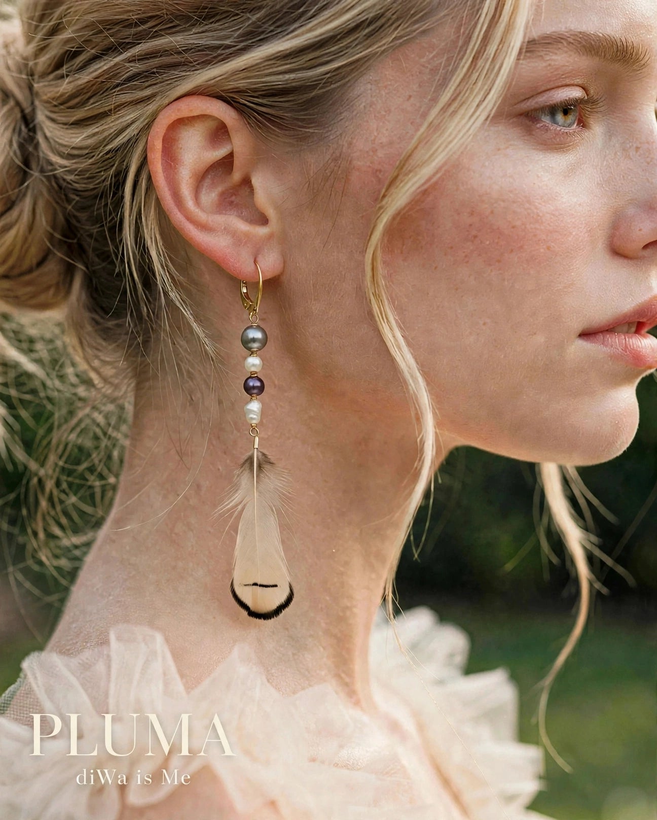 Mono Orecchino Piuma e Perle - Argento 925 - Perle Grigie, Viola e Keshi Bianche - diWa Jewels