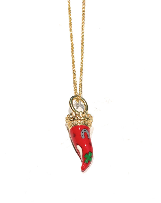 Collarino cornetto portafortuna smalto rosso argento sterling placcato oro giallo maglia rolò