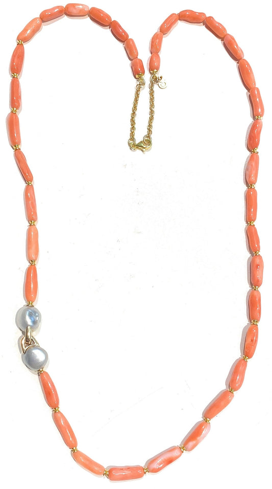 Collana diWa Jewels Corallo Naturale color Arancio sfumature rosate Perla bianca e Grigia Argento Sterling e Oro giallo 9 kt