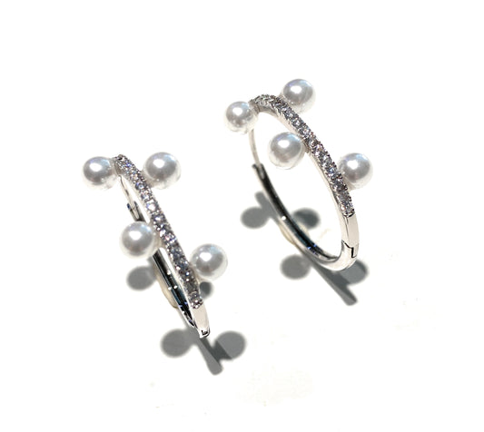 Orecchini Cerchietto Zirconi e Perline Argento 925 Diametro cm 2