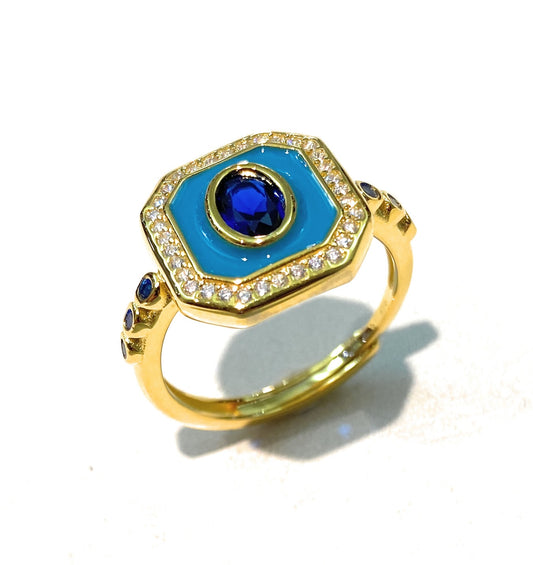 Anello Quadrato Smalto Turchese e Zirconi Bianchi e Blu Argento Sterling Galvanica Gialla Regolabile