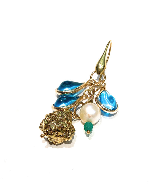 Mono orecchino gocce cristallo azzurro perla fresh water argento sterling placcato oro giallo