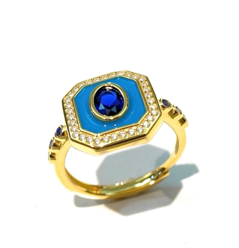 Anello Esagonale Smalto Turchese e Zirconi Bianchi e Blu Argento Sterling Galvanica Gialla  Regolabile
