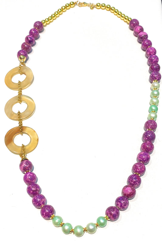 Collana agata viola e perle verdi corno bufalo ematite gold argento sterling placcato oro giallo
