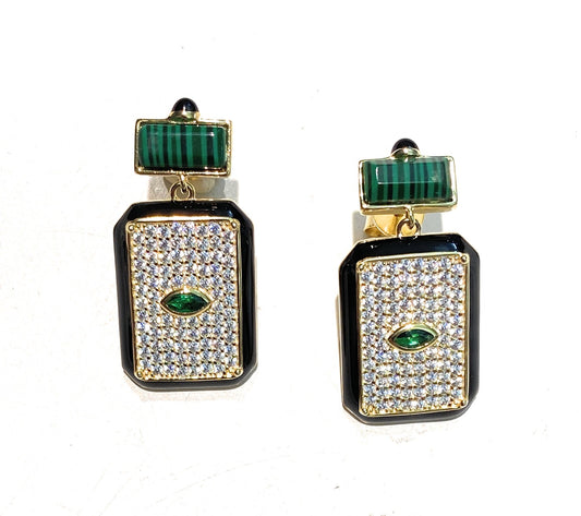 Orecchini Pendenti Smalto Nero Malachite e Zirconi Argento 925 Galvanica Gialla Farfallina