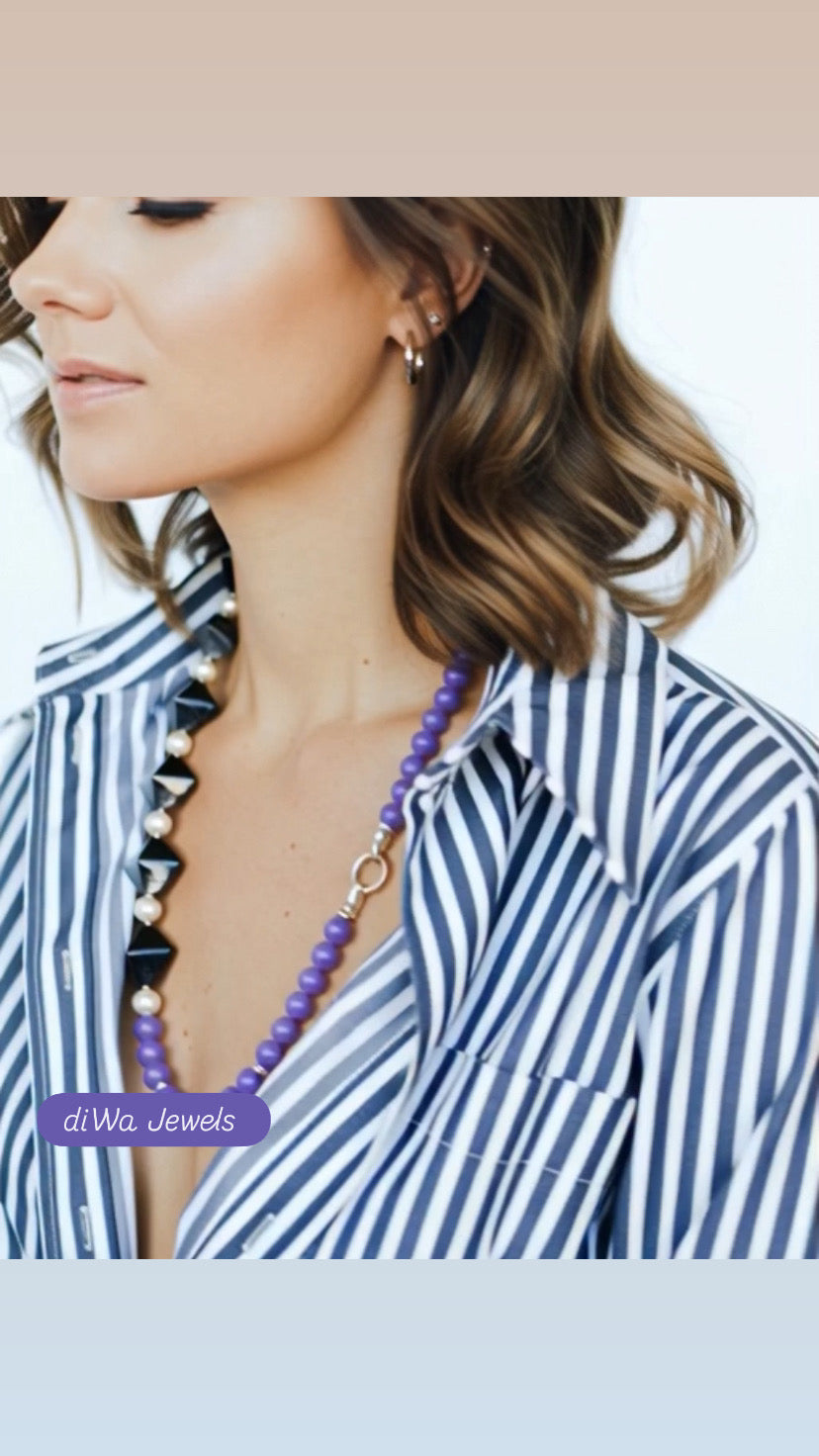Collana diWa Jewels con agata striata viola e perle in argento sterling rodio bianco