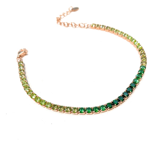 Bracciale tennis multicolore tonalità verde argento rosé regolabile
