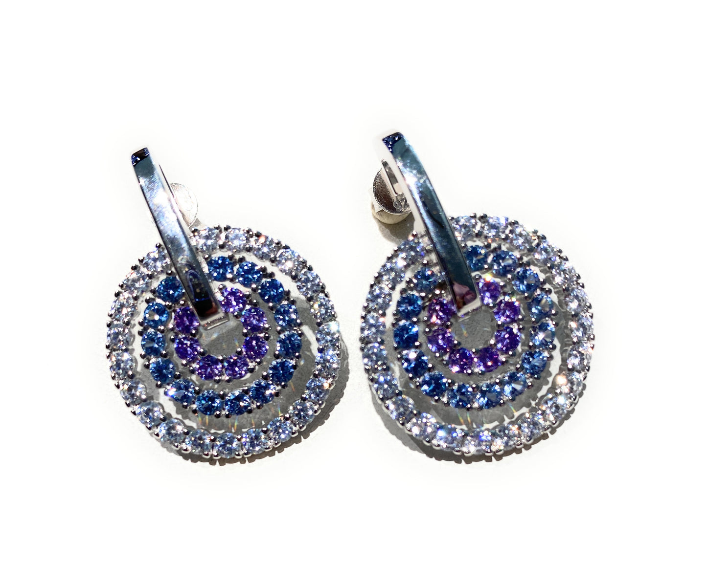 Orecchini Eleganti 3 cerchi concentrici Zirconi sfumature lilla blue Argento Sterling 925 farfallina