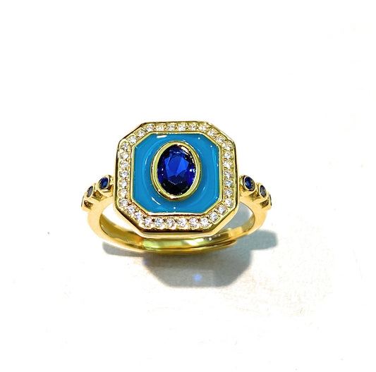 Anello Quadrato Smalto Turchese e Zirconi Bianchi e Blu Argento Sterling Galvanica Gialla Regolabile