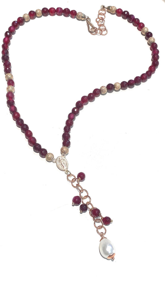 Collana tipo Rosario Pietre Dure Sfaccettate Bordeaux Argento 925 pendente Perla Maiorca