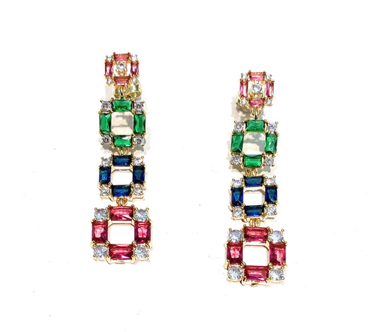 Orecchini multicolore pendenti bronzo galvanizzato oro zirconi colorati chiusura a farfallina