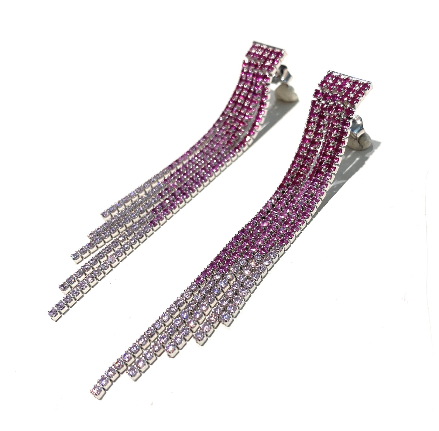 Orecchini tipo tennis 5 file degradé zirconi fucsia con sfumature rodio bianco