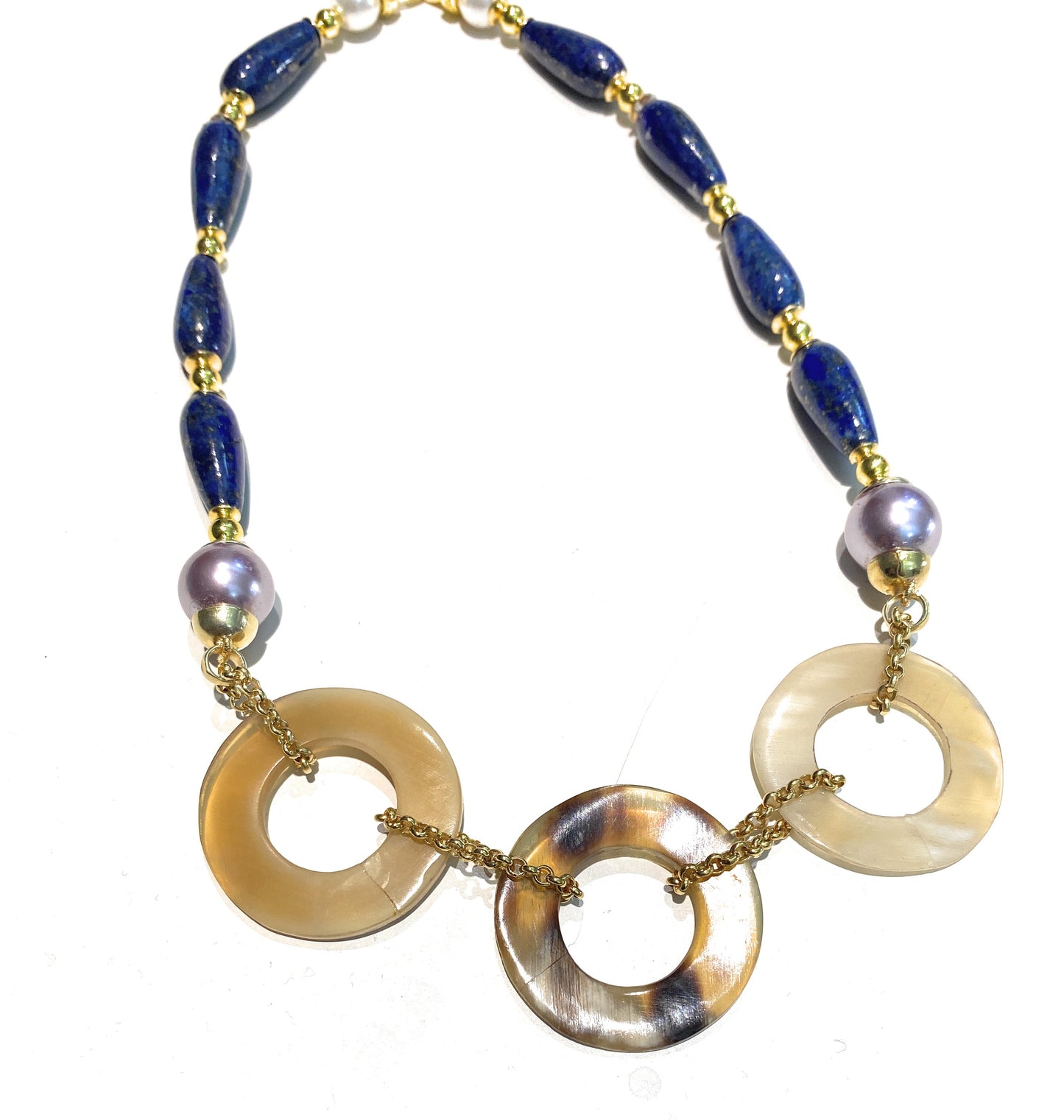 Collana Choker Gocce Lapislazzuli Cerchi in Corno Naturale Argento Sterling Perle Maiorca