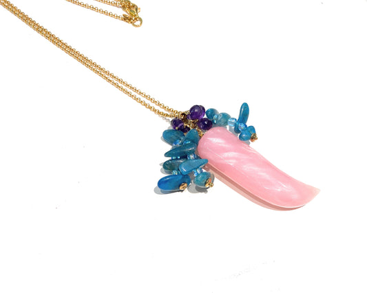 Collarino pendente corno madreperla rosa frange apatite azzurra gocce ametista maglia rolò argento sterling placcato oro giallo