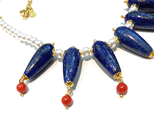 Collana tipo choker gocce di lapislazzuli perle e corallo in argento sterling