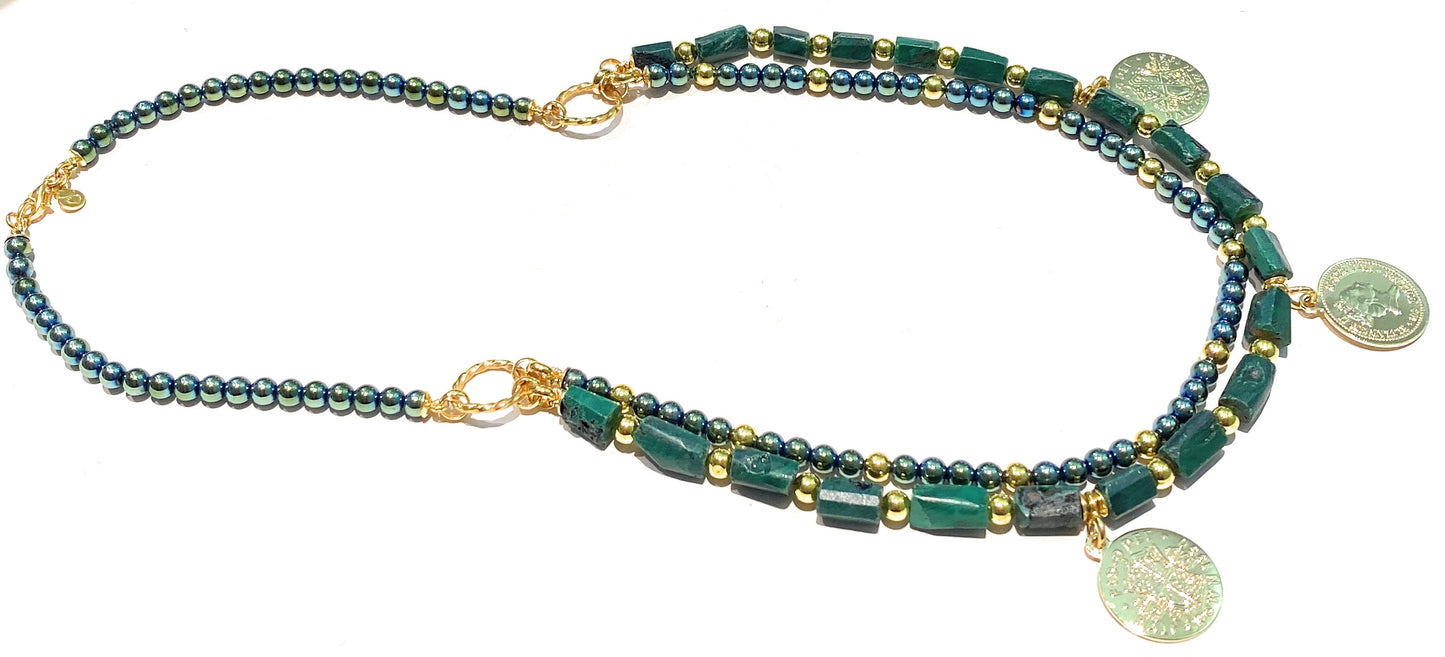Collana Charms Monete Doppio Filo Malachite Ematite verde Argento 925 placcato Oro Giallo