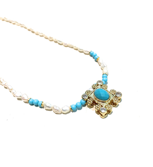 Collarino tipo choker perle fiume e turchese argento sterling