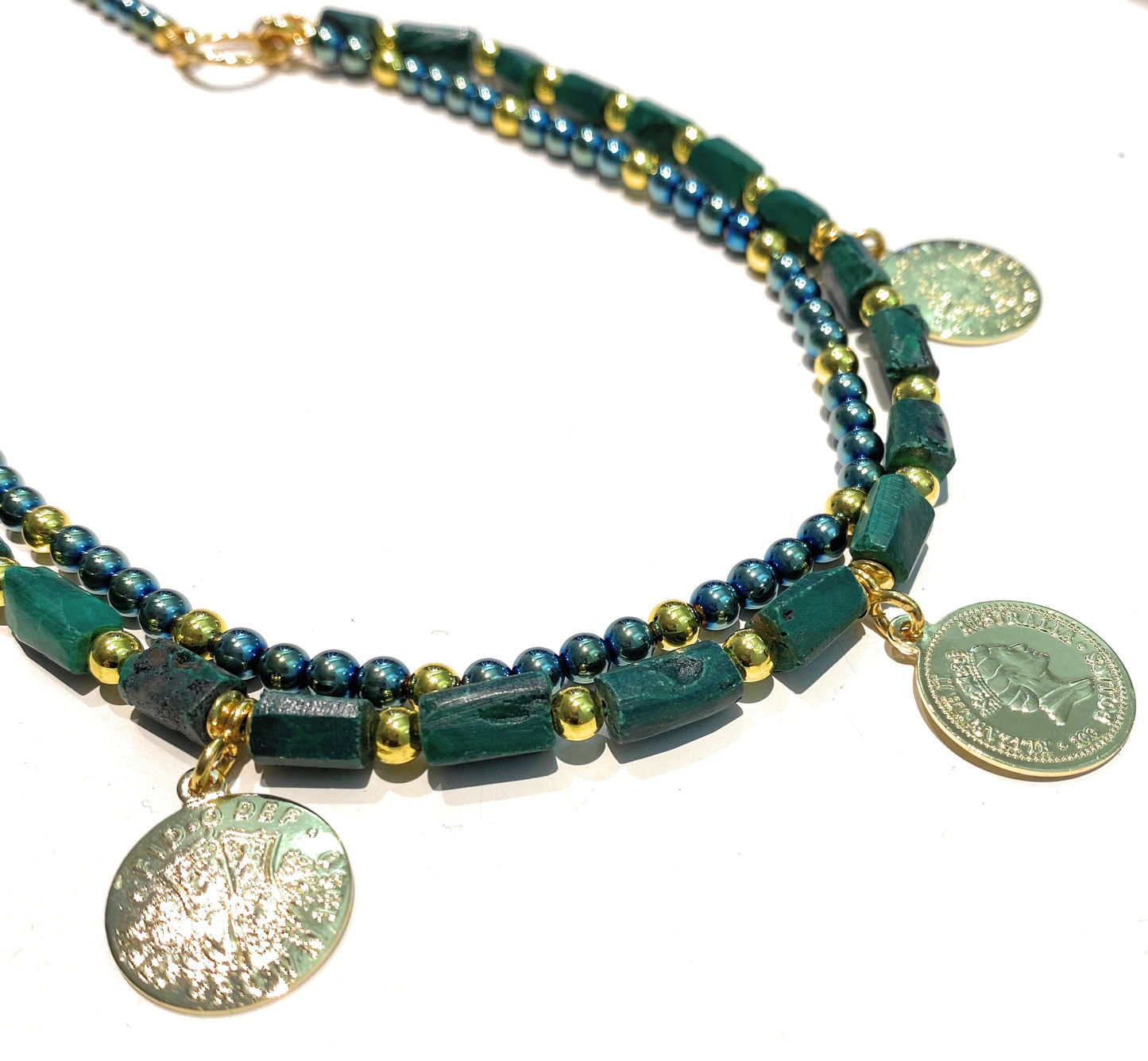 Collana Charms Monete Doppio Filo Malachite Ematite verde Argento 925 placcato Oro Giallo