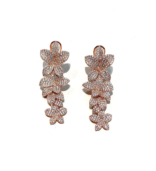 Orecchini Pendenti Donna Argento 925 Rosé con Zirconi Bianchi Motivo Floreale