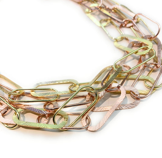 Collana girocollo multifilo maglia rettangolare lavorazione “graffiata” argento sterling rosé e giallo