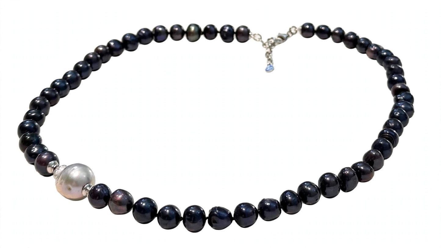 Collana Choker Perle Fresh Water Nere Centrale Perla Barocca Grigia Argento 925