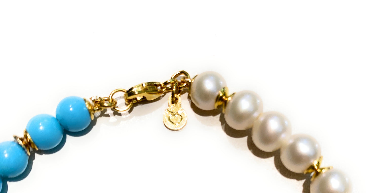 Bracciale Charms Moneta Pasta Turchese Perle Argento 925 Galvanica Gialla