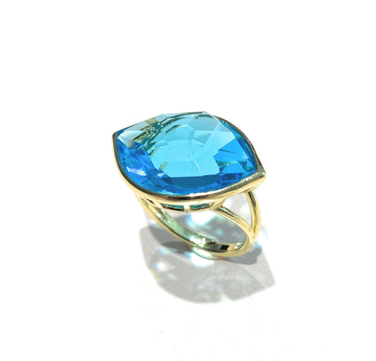 Anello fashion a goccia cristallo azzurro bronzo placcato oro giallo regolabile