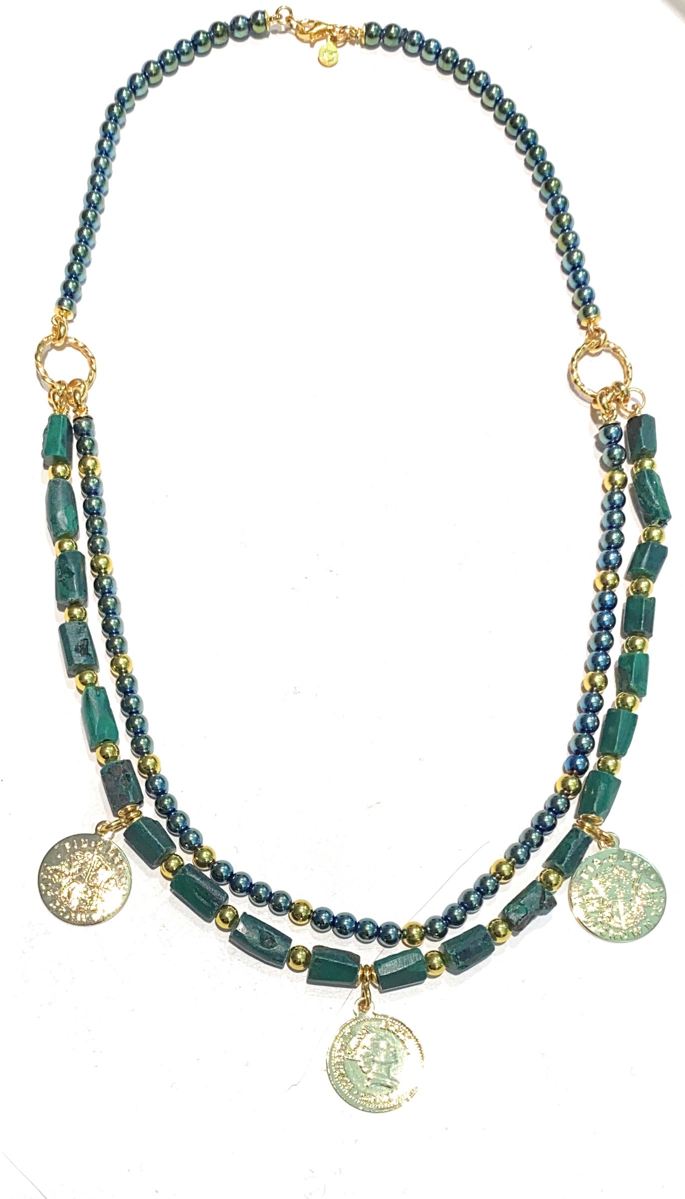 Collana Charms Monete Doppio Filo Malachite Ematite verde Argento 925 placcato Oro Giallo
