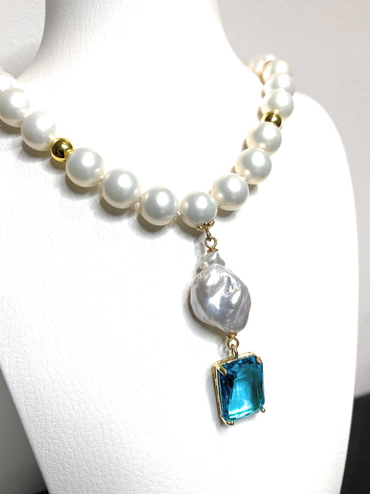 Collana perle Maiorca perla fresh water cristallo azzurro argento sterling placcato oro giallo